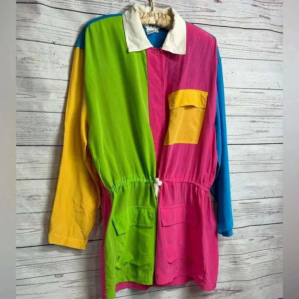 Lightweight Vintage Color block 3/4 Sleeve Silk Button Up Shirt Cinched Waist Sm - Picture 15 of 15